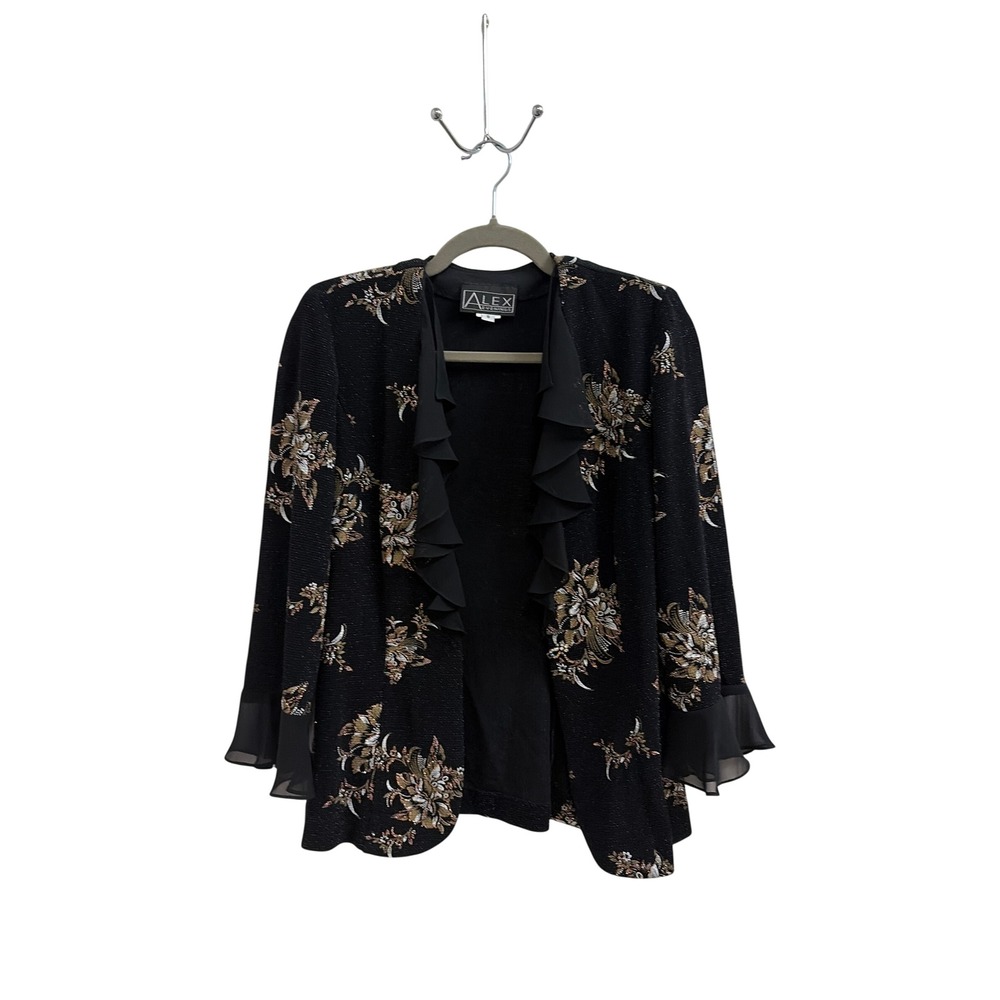 Alex Evenings Black Floral Glitter Ruffle Evening Jacket Blazer women Size S